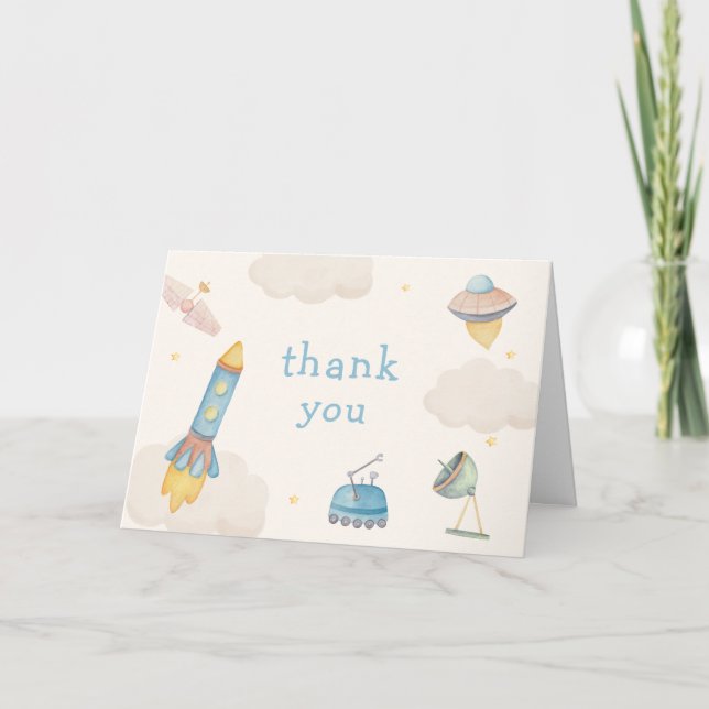 Tarjeta De Agradecimiento Ducha de Bebé Boho Outer Space Nave Espacial Cohet (Anverso)