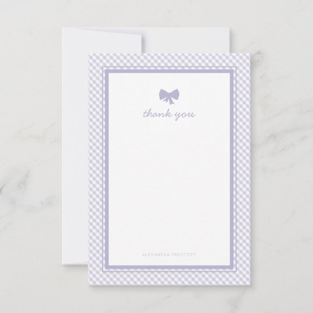 Tarjeta De Agradecimiento Ducha de bebé con arco púrpura de Gingham (Anverso)