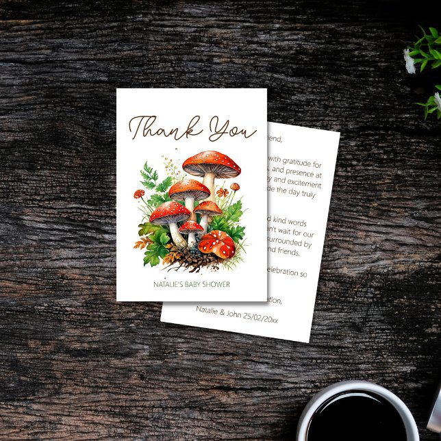 Tarjeta De Agradecimiento Ducha de bebé con hongos silvestres (Wild forest red mushrooms green fern baby shower thank you card enchanted forest magic mushroom)