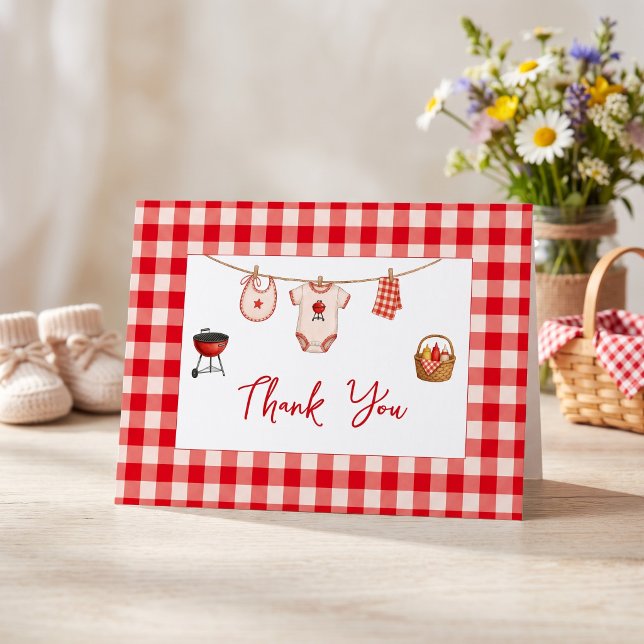 Tarjeta De Agradecimiento Ducha de bebé de barbacoa Gingham rojo rústico (Bbq Baby Shower Rustic Red Gingham Thank You Card)