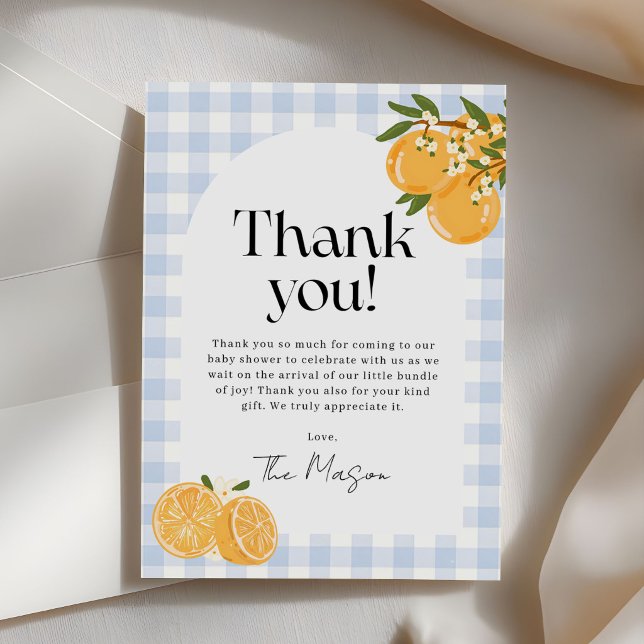 Tarjeta De Agradecimiento Ducha de bebé de cítrico con gingham naranja (Subido por el creador)