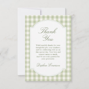 Tarjeta De Agradecimiento Ducha de Bebé de Cuadros Verde Salvia