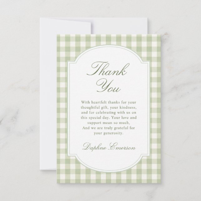 Tarjeta De Agradecimiento Ducha de Bebé de Cuadros Verde Salvia (Anverso)