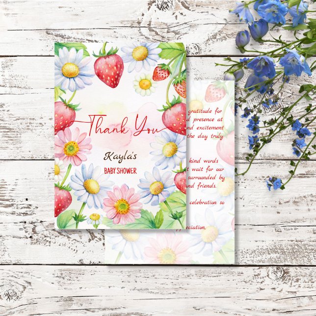 Tarjeta De Agradecimiento Ducha de bebé de fresa dulce Berry (Berry sweet strawberry baby shower thank you cards strawberries and daisies summer baby shower)