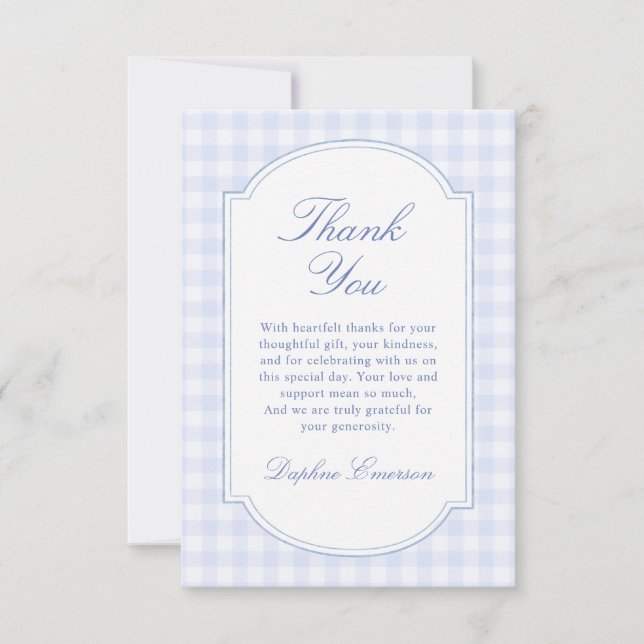 Tarjeta De Agradecimiento Ducha de bebé de gingham azul (Anverso)