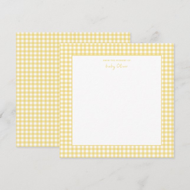 Tarjeta De Agradecimiento Ducha de bebé de gingham blanca y amarilla (Anverso / Reverso)