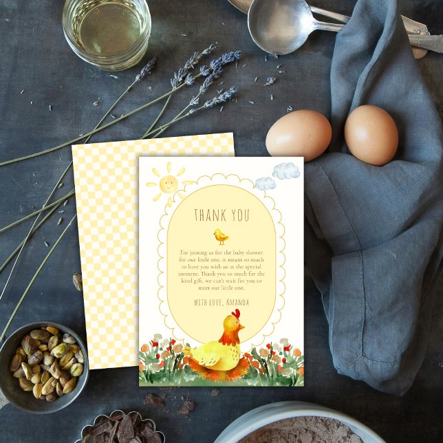 Tarjeta De Agradecimiento Ducha de bebé de granja floral de gingham amarillo (Yellow Gingham Farm Floral Chicken Baby Shower Thank You Card)