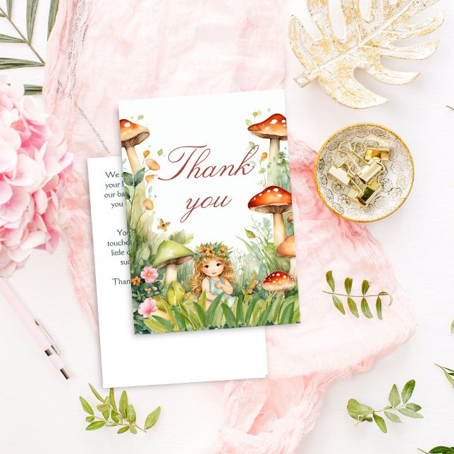 Tarjeta De Agradecimiento Ducha de bebé de hada de jardín encantada (Enchanted forest garden fairy baby shower thank you card mushrooms cute butterfly fairy thank you)