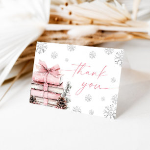 Tarjeta De Agradecimiento Ducha de bebé de invierno con lazo rosa, comienza