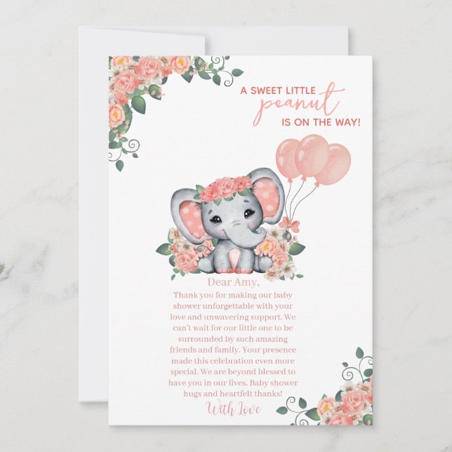 Tarjeta De Agradecimiento Ducha de Bebé de la Niña Elefante (Anverso)