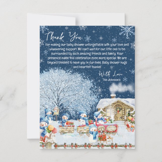 Tarjeta De Agradecimiento Ducha de Bebé de Navidad con Muñecos de Nieve (Anverso)