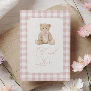 Tarjeta De Agradecimiento Ducha de bebé de osito de gingham rosa