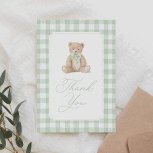 Tarjeta De Agradecimiento Ducha de bebé de osito de gingham verde salvia