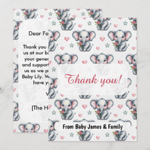 Tarjeta De Agradecimiento Ducha de Bebé Elefante Acuarela Rosa