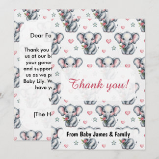Tarjeta De Agradecimiento Ducha de Bebé Elefante Acuarela Rosa