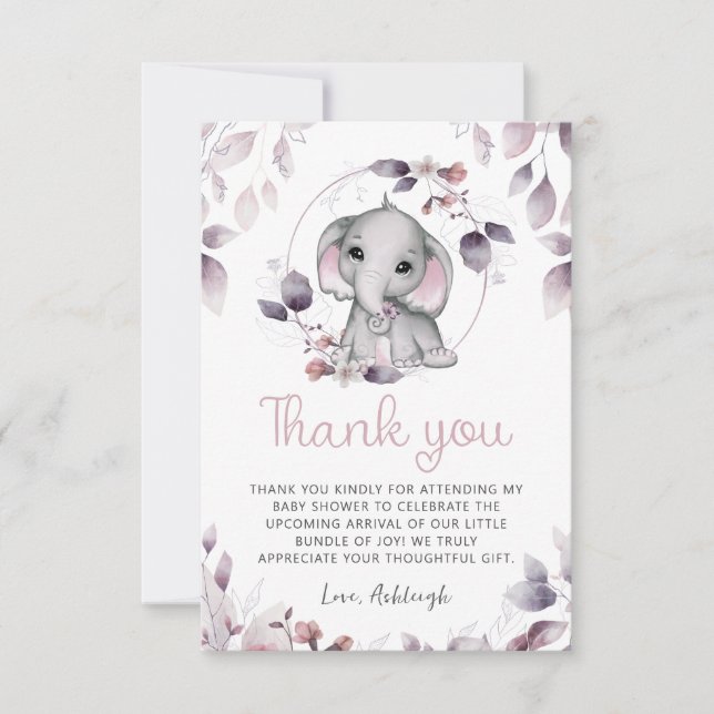 Tarjeta De Agradecimiento Ducha de Bebe Elefante Rosa Violeta (Anverso)