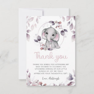 Tarjeta De Agradecimiento Ducha de Bebe Elefante Rosa Violeta