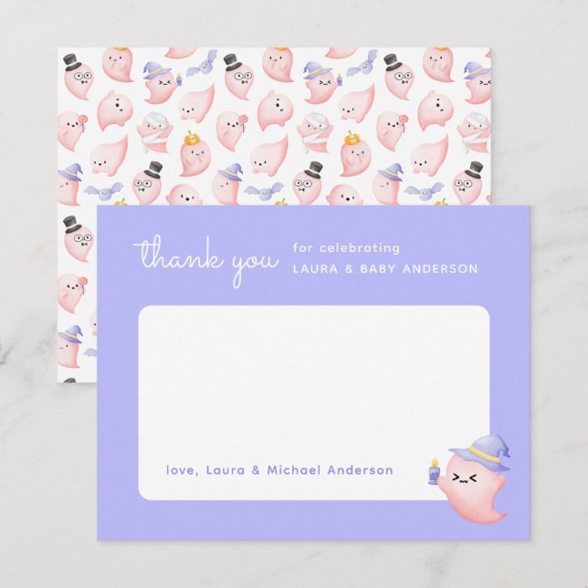 Tarjeta De Agradecimiento Ducha de Bebé Fantasma Rosa de Halloween Morado (Anverso / Reverso)