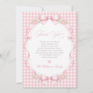 Tarjeta De Agradecimiento Ducha de Bebé Floral con Lazo de Gingham Rosa