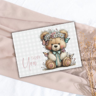 Tarjeta De Agradecimiento Ducha de Bebé Floral de Cuadro Escocés Teddy Elega