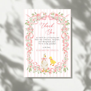 Tarjeta De Agradecimiento Ducha de Bebé Ganso Floral con Lazo Rosa 