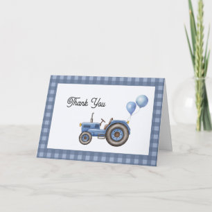 Tarjeta De Agradecimiento Ducha de bebé Globo Tractor Gingham Azul