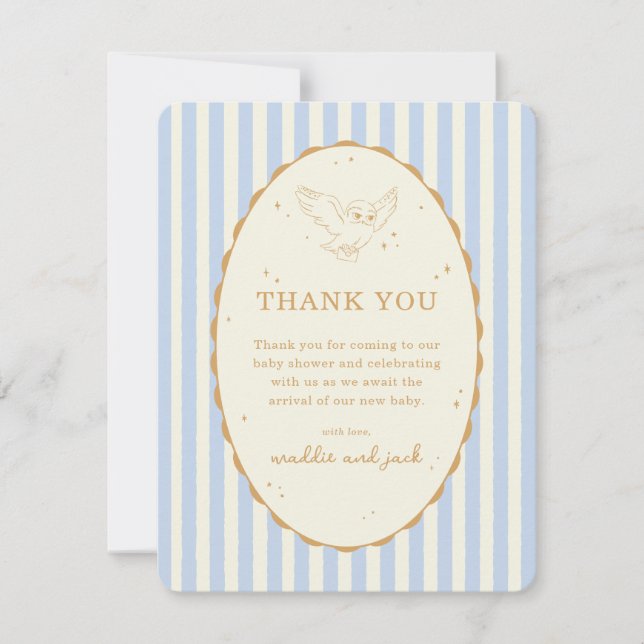 Tarjeta De Agradecimiento Ducha de Bebé Harry Potter Hedwig Raya Azul (Anverso)