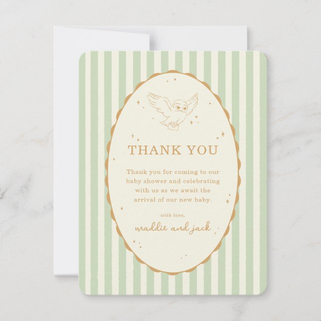 Tarjeta De Agradecimiento Ducha de Bebé Harry Potter Hedwig Raya Verde (Anverso)