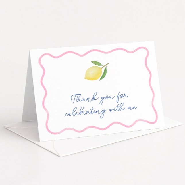 Tarjeta De Agradecimiento Ducha de Bebé Limón con Borde Ondulado Rosa Modern (Modern boho pink squiggle border with citrus lemon wedding shower thank you cards)