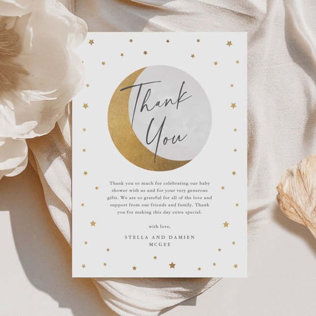 Tarjeta De Agradecimiento ducha de bebé luna y estrellas (Elegant Gold Moon and Stars Script Gender Neutral Baby Shower Thank You Card.)
