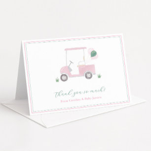 Tarjeta De Agradecimiento Ducha de Bebé Niña con Carrito de Golf Rosa Acuare
