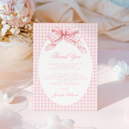 Tarjeta De Agradecimiento Ducha de Bebé Niña con Lindo Moño Rosa a Cuadros P