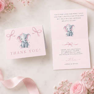 Tarjeta De Agradecimiento Ducha de Bebé Niña Elefante Lazo Rosa