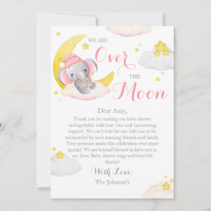 Tarjeta De Agradecimiento Ducha de Bebé Niña Elefante Sobre La Luna