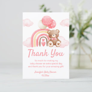 Tarjeta De Agradecimiento Ducha de Bebé Niña Oso de Peluche Arcoíris Boho Ro