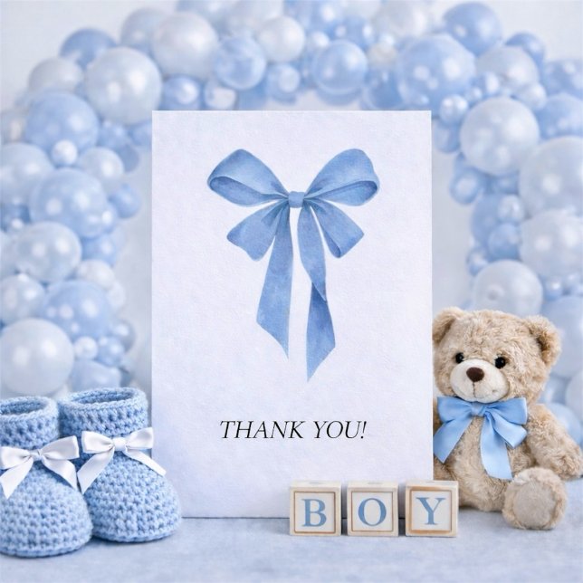 Tarjeta De Agradecimiento Ducha de Bebé Niño con Lazo Azul Suave (Soft Blue Bow Boy Baby Shower Thank You Card)