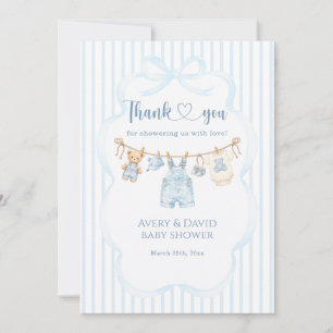 Tarjeta De Agradecimiento Ducha De Bebé Niño Moderno A Rayas Jean Azul