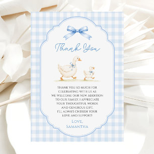 Tarjeta De Agradecimiento Ducha de bebé niño pato lazo azul a cuadros Silly