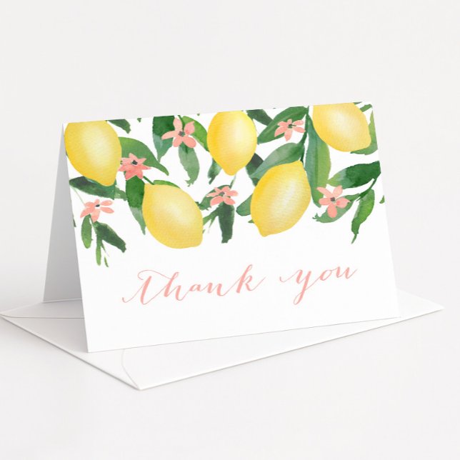 Tarjeta De Agradecimiento Ducha de bebé o boda de limones cítricos rosa (Lemons with pretty pink blossoms baby girl shower thank you card)