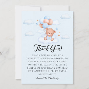 Tarjeta De Agradecimiento Ducha de Bebé Oso de Peluche Niño Azul