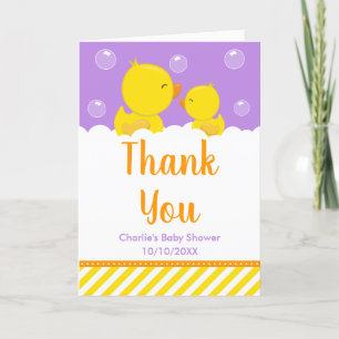 Tarjeta De Agradecimiento Ducha de bebé Pato de Goma Amarillo y Morado