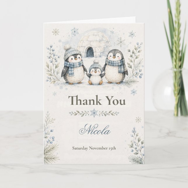 Tarjeta De Agradecimiento Ducha de Bebé Pingüino (Anverso)