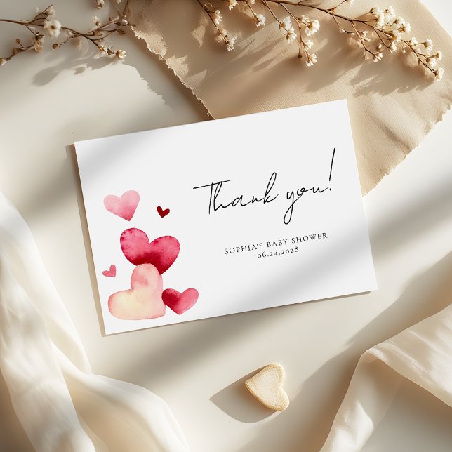 Tarjeta De Agradecimiento Ducha de Bebé Romántica de Corazones con Acuarela  (Subido por el creador)