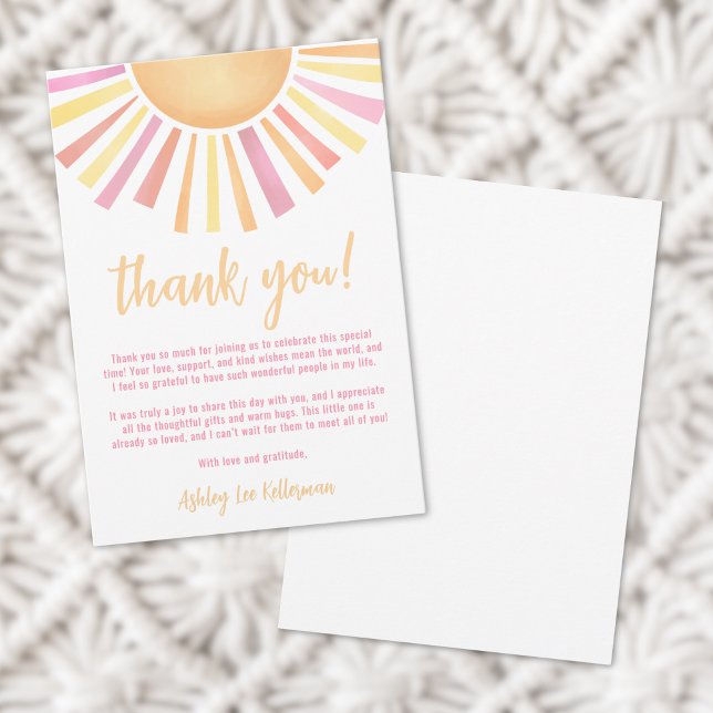 Tarjeta De Agradecimiento Ducha de Bebé Rosa Brillante (Sunshine Pink Sun Baby Shower Thank You Card )