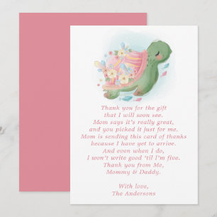 Tarjeta De Agradecimiento Ducha de Bebé Rosa Tortuga Marina Floral