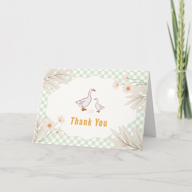 Tarjeta De Agradecimiento Ducha de Bebé Sage Gingham Daisy Boho Silly Goose (Anverso)