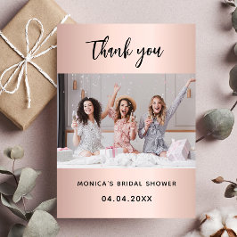 Tarjeta De Agradecimiento Ducha de boda con foto en dorado rosa