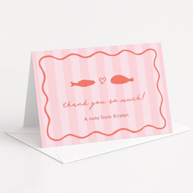 Tarjeta De Agradecimiento Ducha De Boda De Pescado Rosa Y Naranja (Colorful Pink And Orange Two Less Fish In The Sea theme bridal shower thank you card)