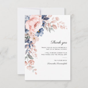 Tarjeta De Agradecimiento Ducha de Boda Floral Rosa Azul Script