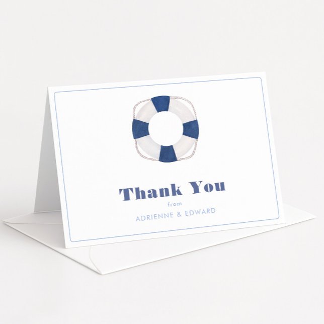 Tarjeta De Agradecimiento Ducha De Bodas Blancas Y Azules Sin Tiempo (Nautical inspired wedding shower thank you card design with navy blue and white life ring)